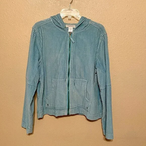 CHADWICK'S 2pc Corduroy Jacket/Skirt with Hood and pockets Teal Size L/10 - Picture 2 of 13